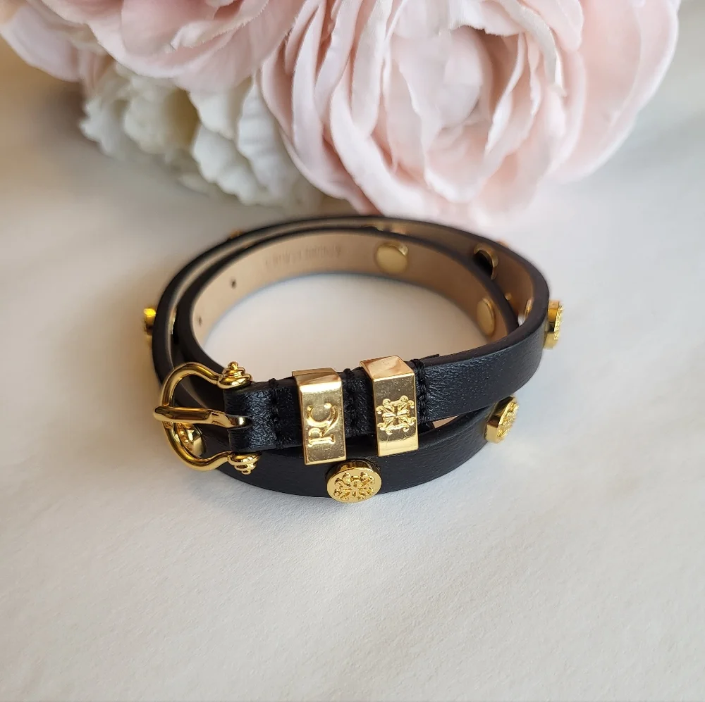 Rustic Cuff Black Leather Double Wrap Bracelet Studs Buckle Closure Goldtone - Picture 8 of 11